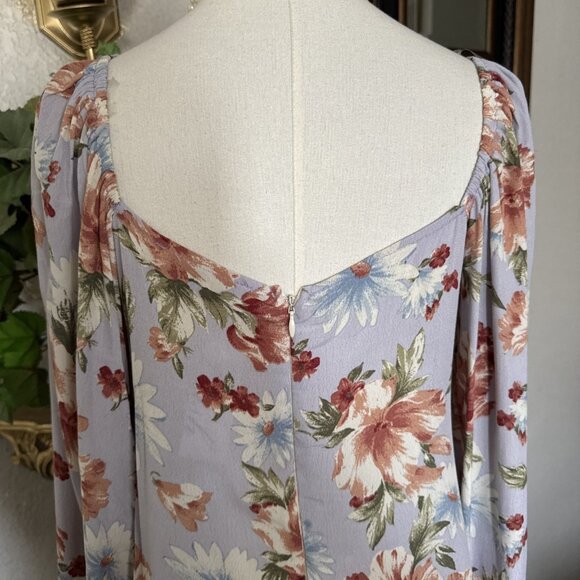 Women's Floral Dress Flowy Long Bell Sleeve Tie Front Deep Zipper V Back Size S - Picture 7 of 15